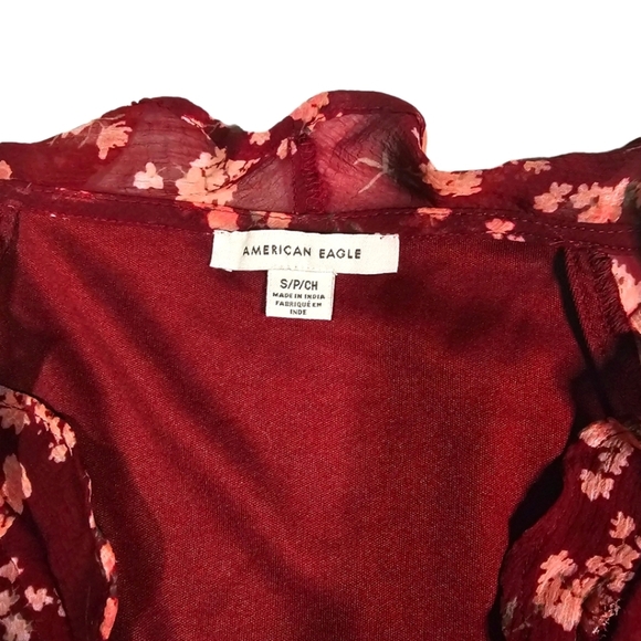 American Eagle Floral Boho Crepe Dress Size Small Cinched Waist Long Sleeve - Picture 2 of 3